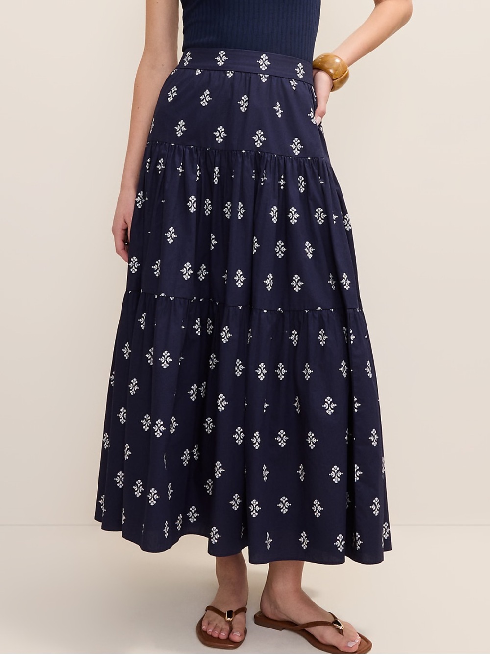 Ann Taylor Weekend Geo Print Tiered Full Cotton Skirt in Winter Blue Size 8